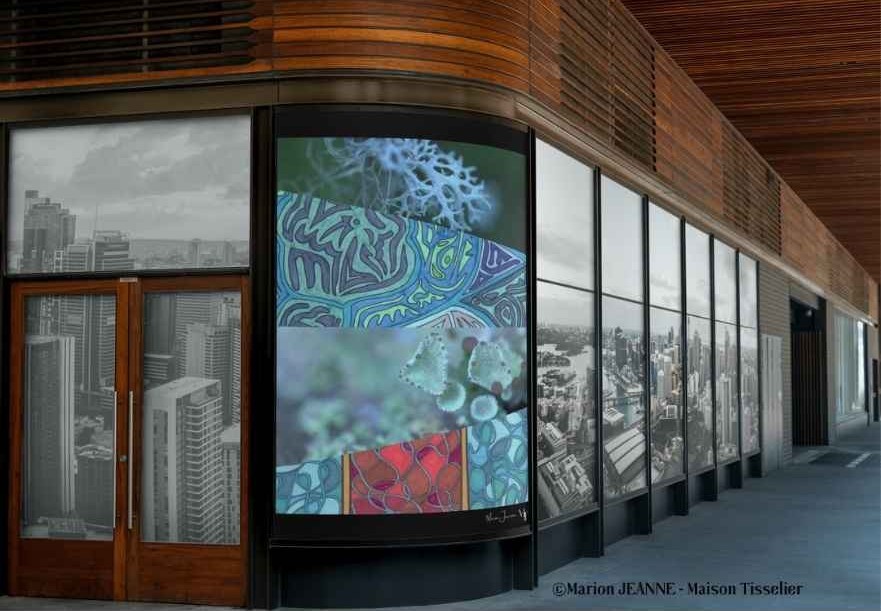 Création plurielle installée en extérieur sur une devanture d'angle de magasin - projet sur-mesure, Maison Tisselier